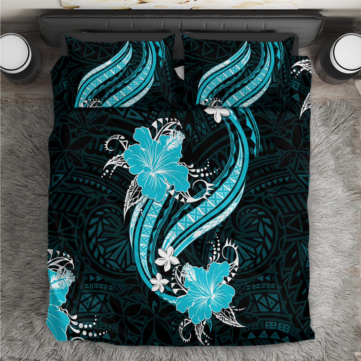 Aqua Polynesian Pattern With Tropical Flowers Bedding Set LT05 Aqua - Polynesian Pride