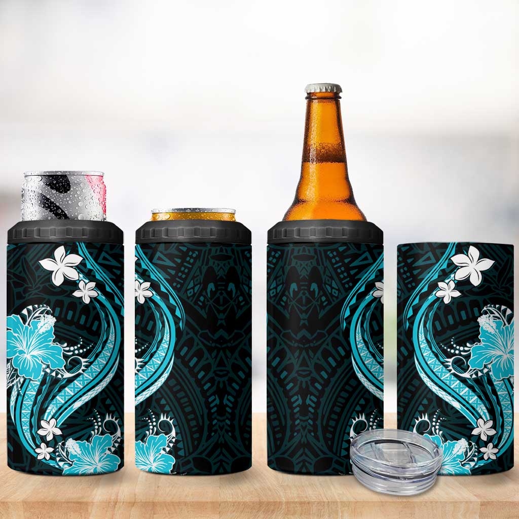 Aqua Polynesian Pattern With Tropical Flowers 4 in 1 Can Cooler Tumbler LT05 - Polynesian Pride