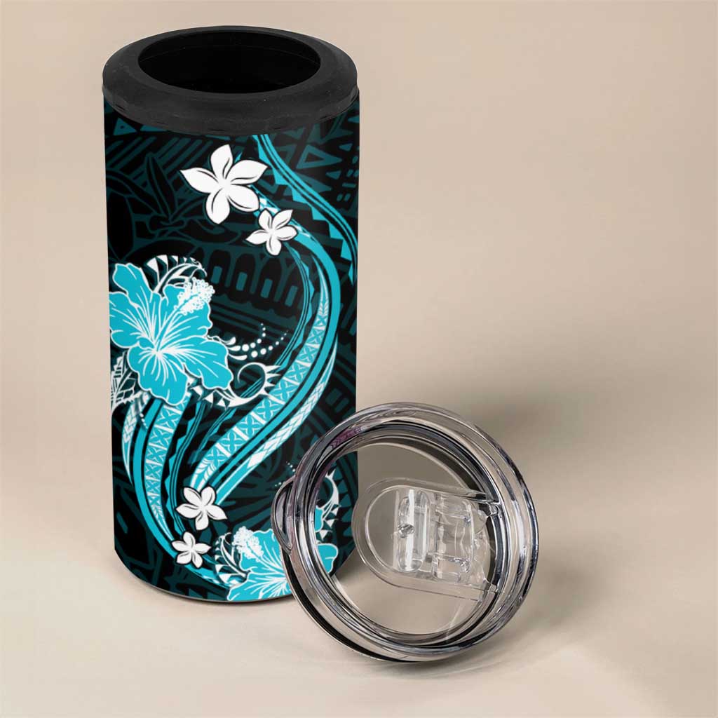 Aqua Polynesian Pattern With Tropical Flowers 4 in 1 Can Cooler Tumbler LT05 - Polynesian Pride
