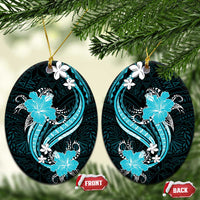 Aqua Polynesian Pattern With Tropical Flowers Ceramic Ornament LT05 Oval Aqua - Polynesian Pride