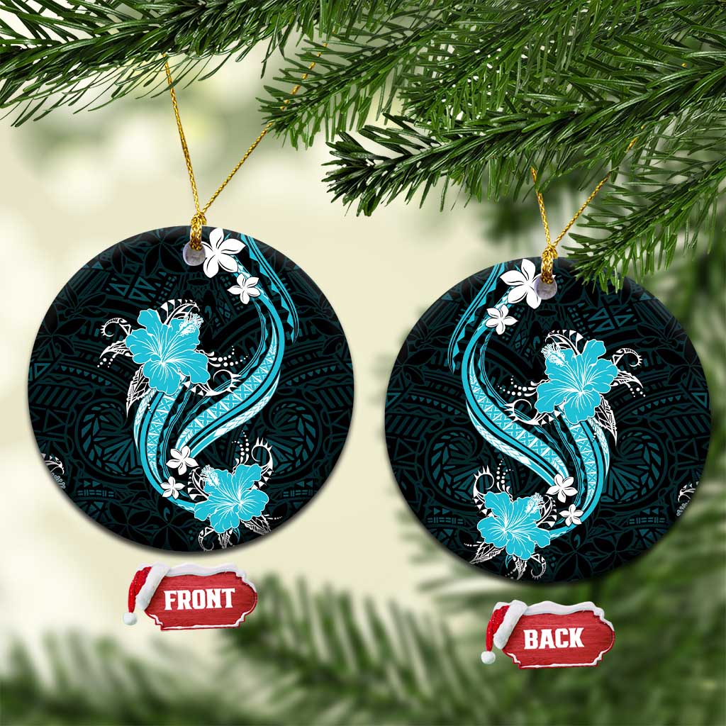 Aqua Polynesian Pattern With Tropical Flowers Ceramic Ornament LT05 Circle Aqua - Polynesian Pride