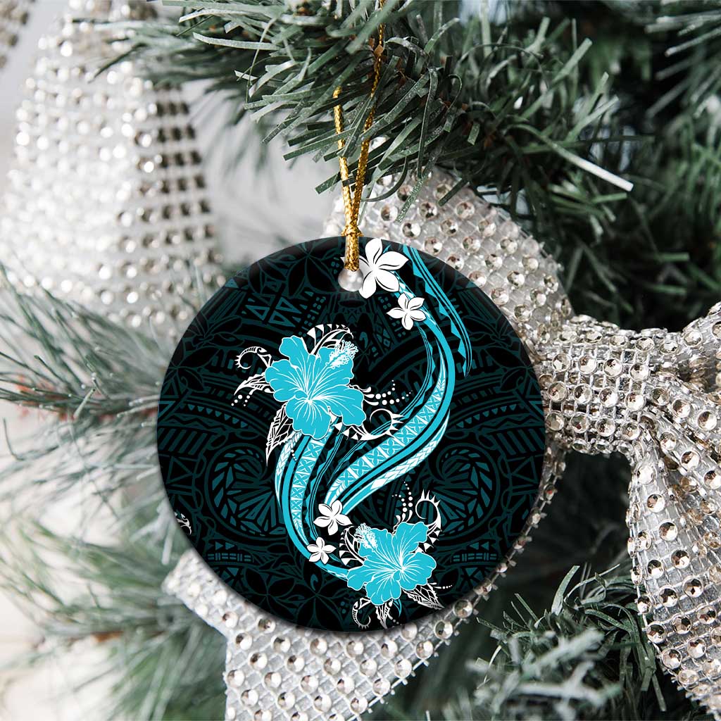 Aqua Polynesian Pattern With Tropical Flowers Ceramic Ornament LT05 - Polynesian Pride