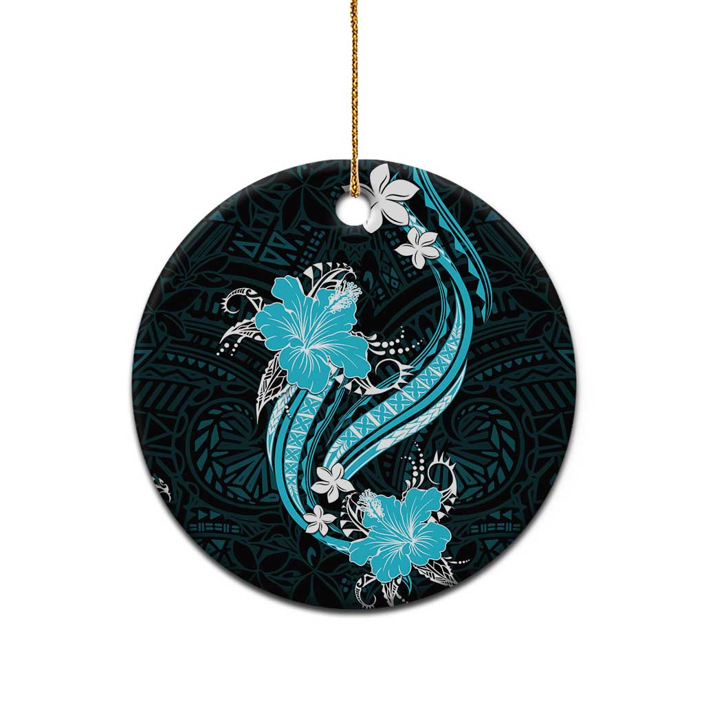 Aqua Polynesian Pattern With Tropical Flowers Ceramic Ornament LT05 - Polynesian Pride
