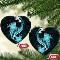 Aqua Polynesian Pattern With Tropical Flowers Ceramic Ornament LT05 Heart Aqua - Polynesian Pride