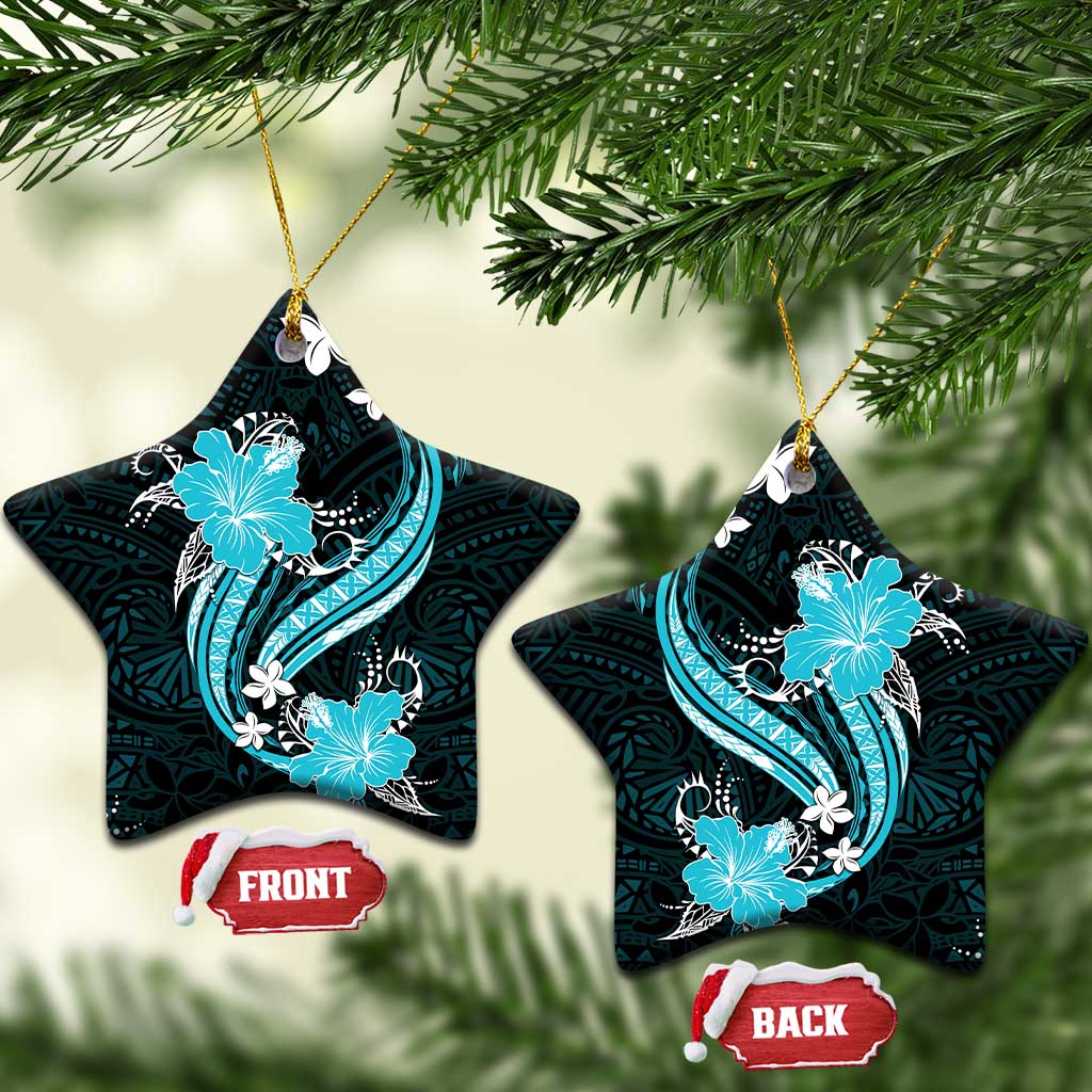 Aqua Polynesian Pattern With Tropical Flowers Ceramic Ornament LT05 Star Aqua - Polynesian Pride