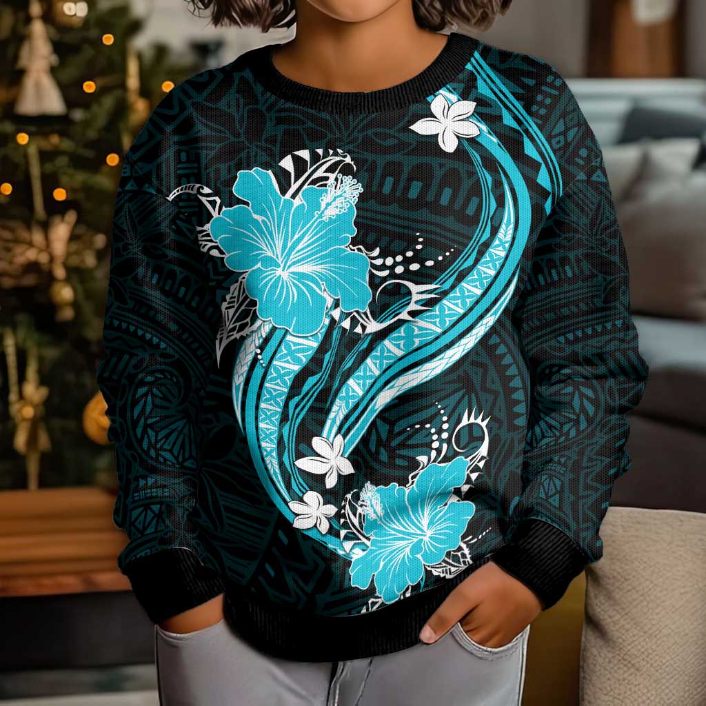 Aqua Polynesian Pattern With Tropical Flowers Kid Ugly Christmas Sweater LT05 - Polynesian Pride