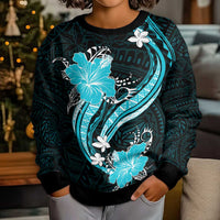 Aqua Polynesian Pattern With Tropical Flowers Kid Ugly Christmas Sweater LT05 - Polynesian Pride