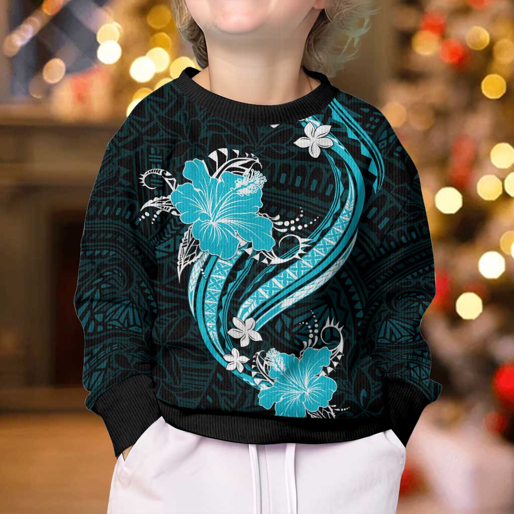 Aqua Polynesian Pattern With Tropical Flowers Kid Ugly Christmas Sweater LT05 - Polynesian Pride
