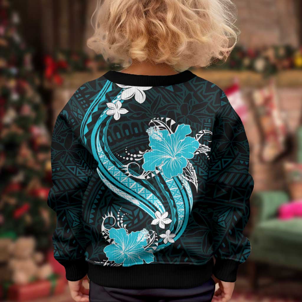 Aqua Polynesian Pattern With Tropical Flowers Kid Ugly Christmas Sweater LT05 - Polynesian Pride