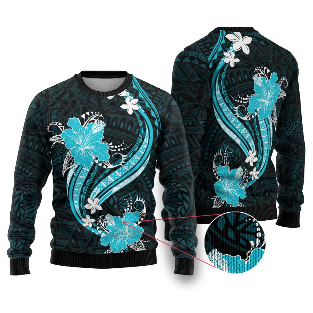 Aqua Polynesian Pattern With Tropical Flowers Ugly Christmas Sweater LT05 Aqua - Polynesian Pride