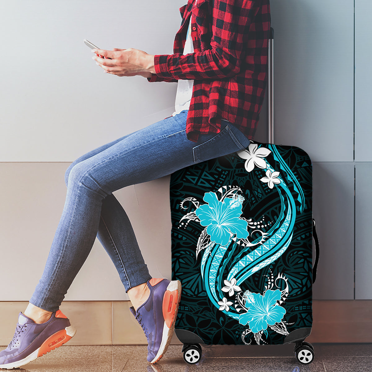 Aqua Polynesian Pattern With Tropical Flowers Luggage Cover LT05 - Polynesian Pride