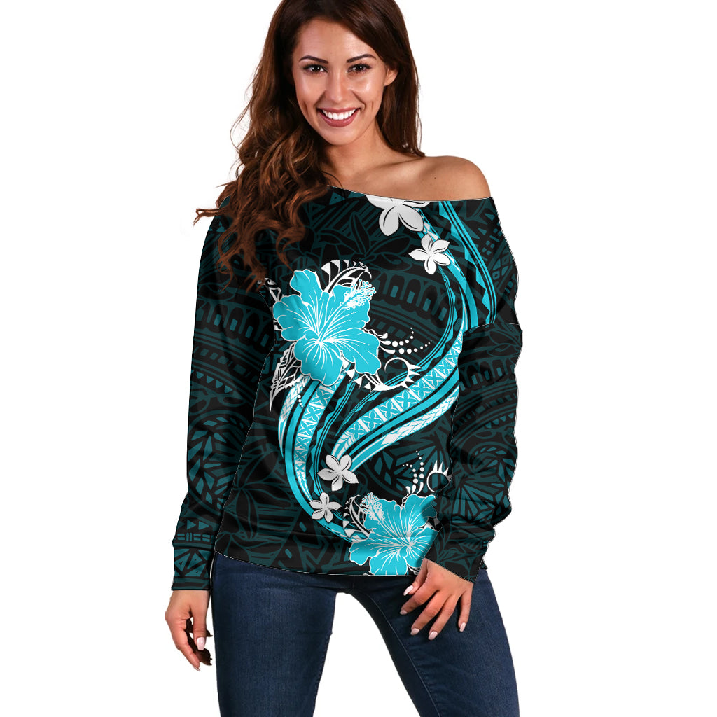 Aqua Polynesian Pattern With Tropical Flowers Off Shoulder Sweater LT05 Women Aqua - Polynesian Pride