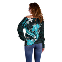 Aqua Polynesian Pattern With Tropical Flowers Off Shoulder Sweater LT05 - Polynesian Pride