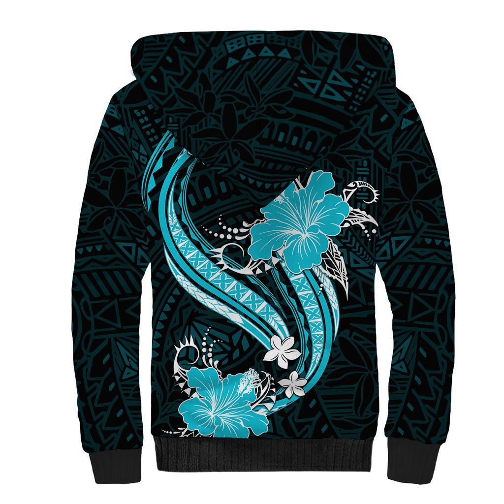 Aqua Polynesian Pattern With Tropical Flowers Sherpa Hoodie LT05 - Polynesian Pride