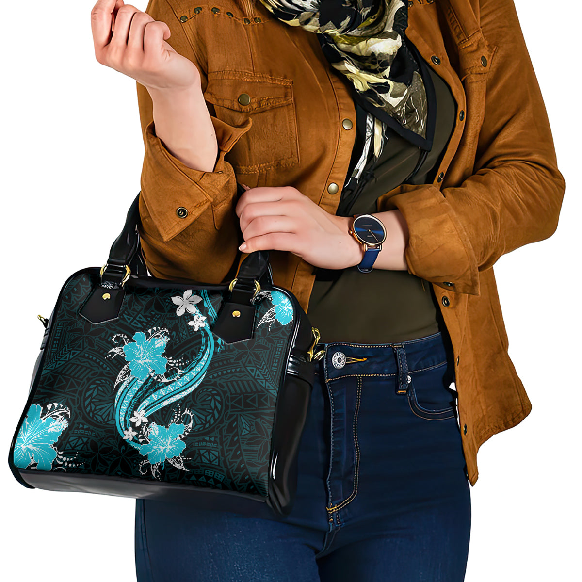 Aqua Polynesian Pattern With Tropical Flowers Shoulder Handbag LT05 - Polynesian Pride