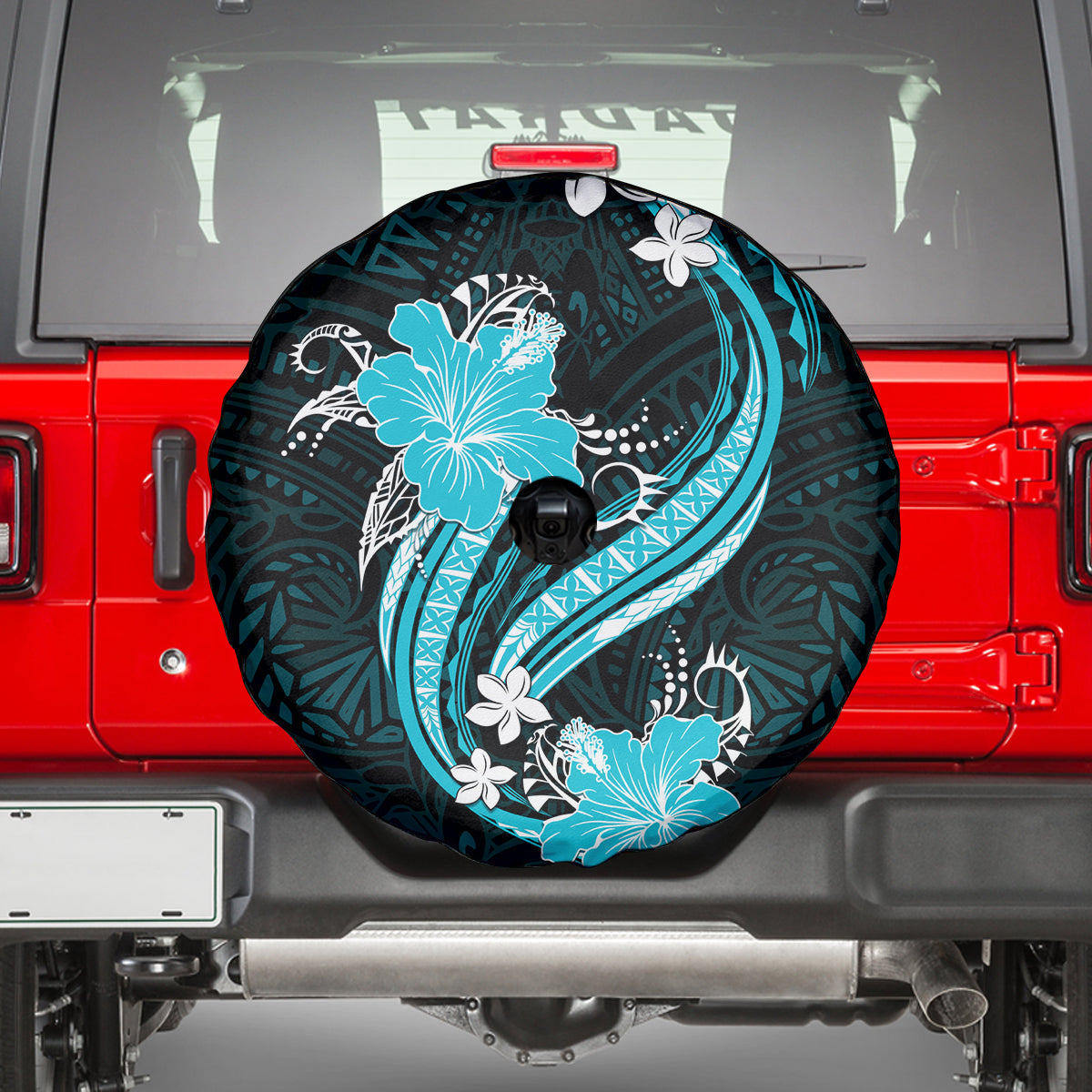 Aqua Polynesian Pattern With Tropical Flowers Spare Tire Cover LT05 - Polynesian Pride