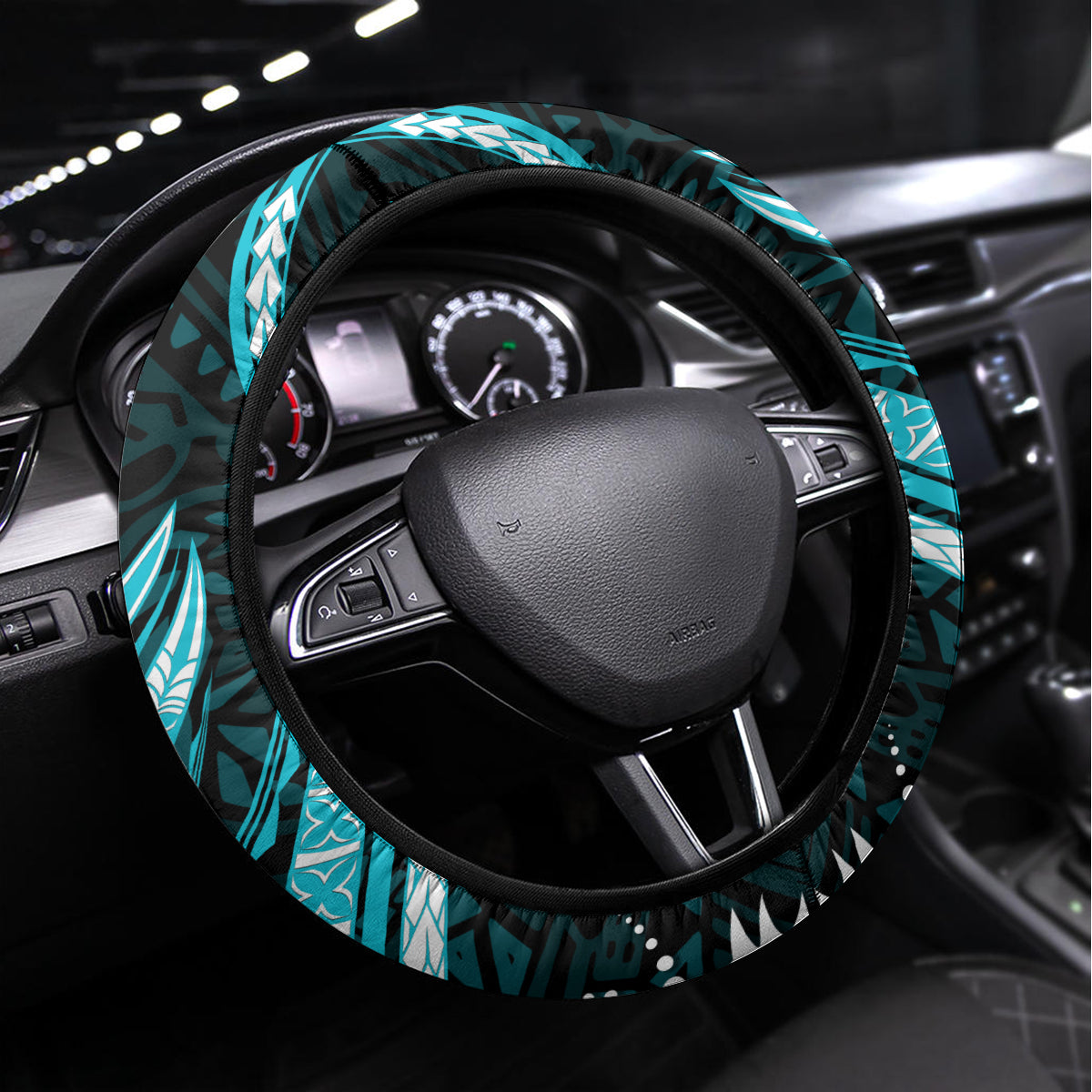 Aqua Polynesian Pattern With Tropical Flowers Steering Wheel Cover