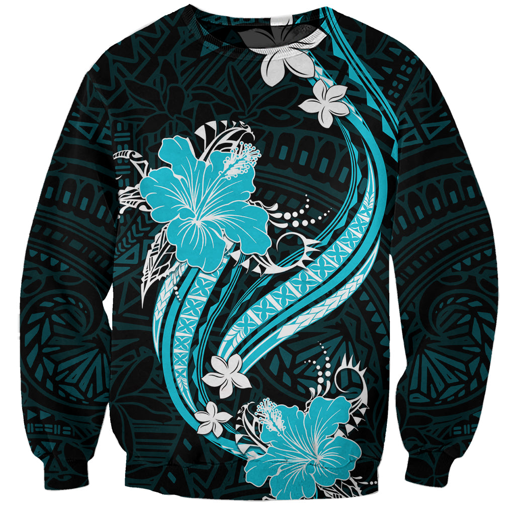 Aqua Polynesian Pattern With Tropical Flowers Sweatshirt LT05 Unisex Aqua - Polynesian Pride