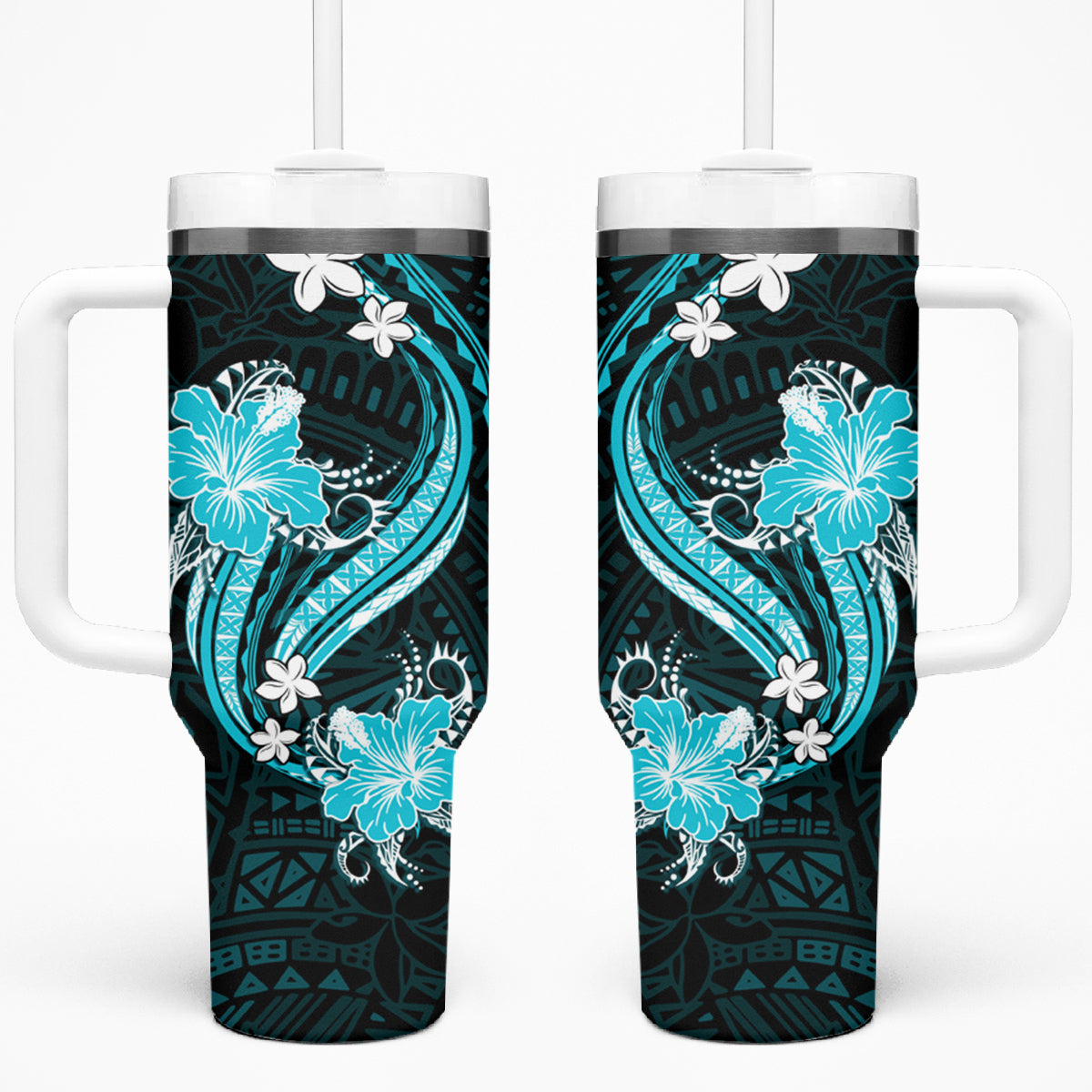 Aqua Polynesian Pattern With Tropical Flowers Tumbler With Handle LT05 One Size: 40 oz Aqua - Polynesian Pride
