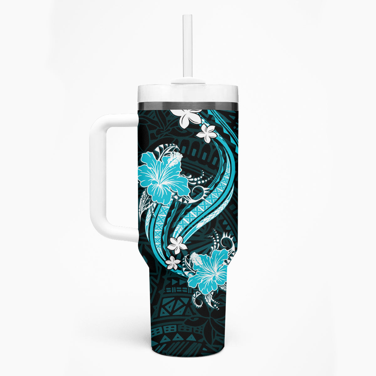 Aqua Polynesian Pattern With Tropical Flowers Tumbler With Handle LT05 - Polynesian Pride