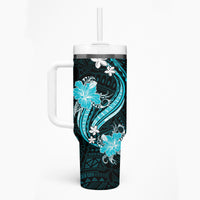 Aqua Polynesian Pattern With Tropical Flowers Tumbler With Handle LT05 - Polynesian Pride