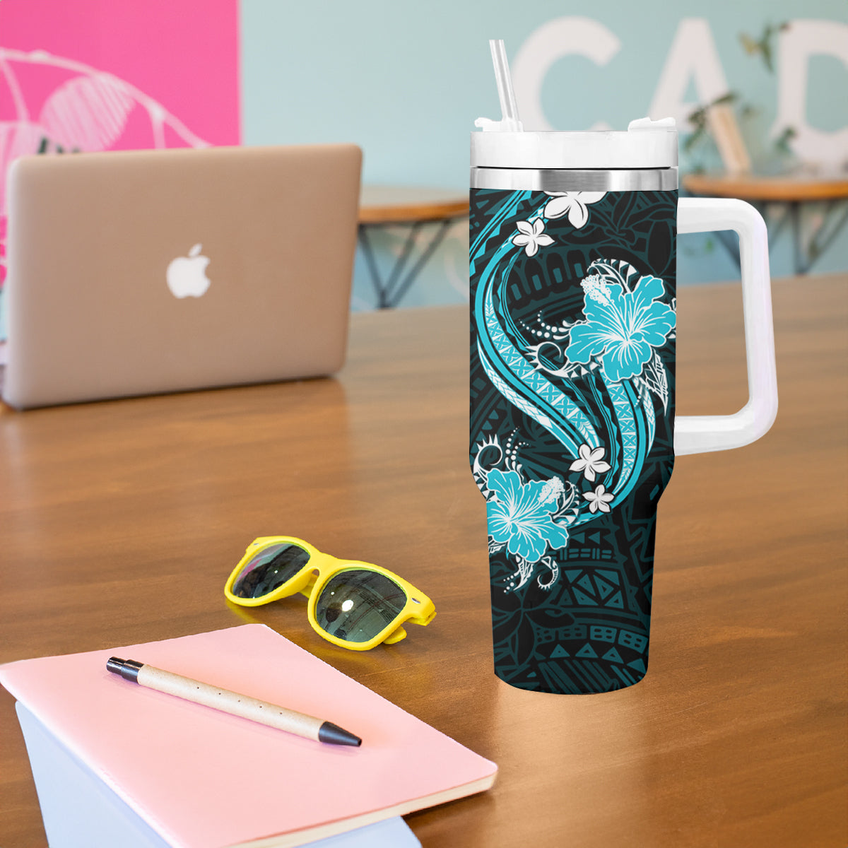 Aqua Polynesian Pattern With Tropical Flowers Tumbler With Handle LT05 - Polynesian Pride