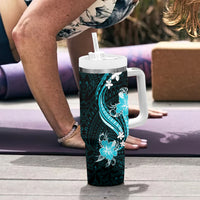Aqua Polynesian Pattern With Tropical Flowers Tumbler With Handle LT05 - Polynesian Pride