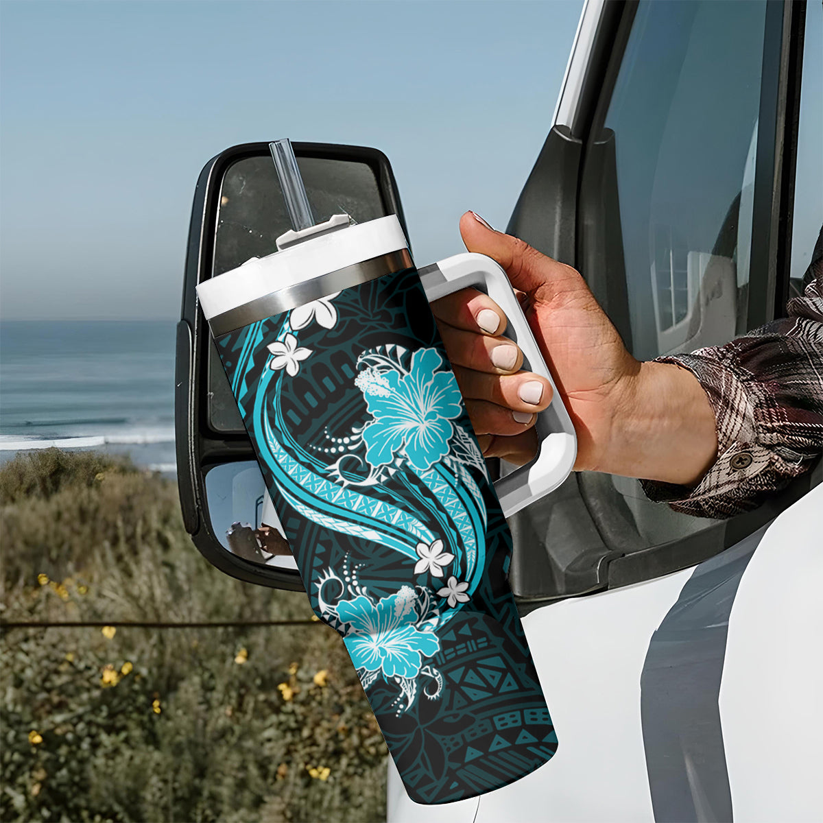Aqua Polynesian Pattern With Tropical Flowers Tumbler With Handle LT05 - Polynesian Pride