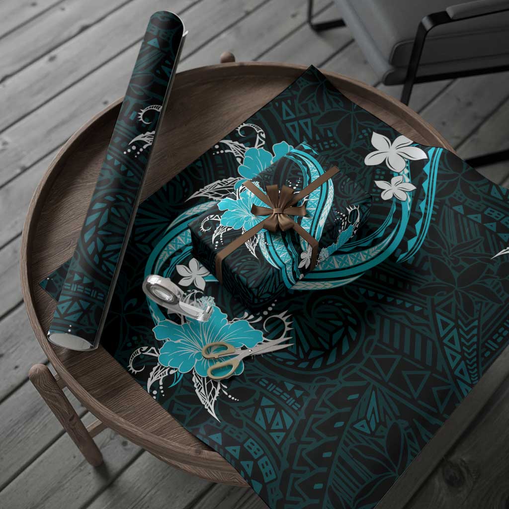 Aqua Polynesian Pattern With Tropical Flowers Wrapping Paper LT05 - Polynesian Pride