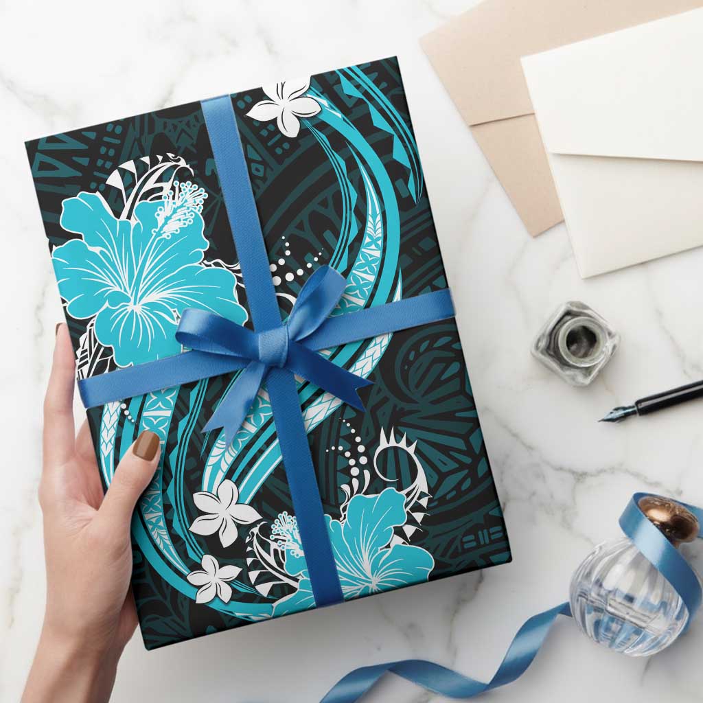 Aqua Polynesian Pattern With Tropical Flowers Wrapping Paper LT05 - Polynesian Pride