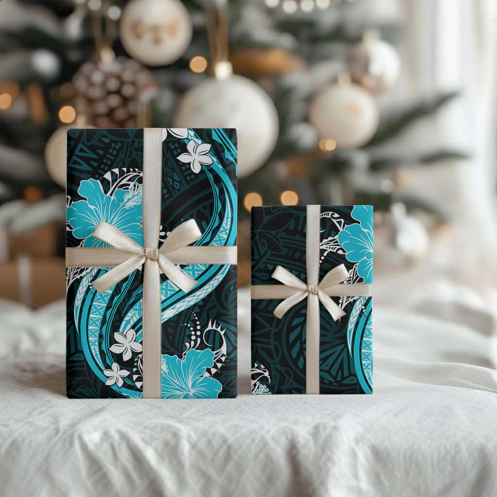 Aqua Polynesian Pattern With Tropical Flowers Wrapping Paper LT05 - Polynesian Pride
