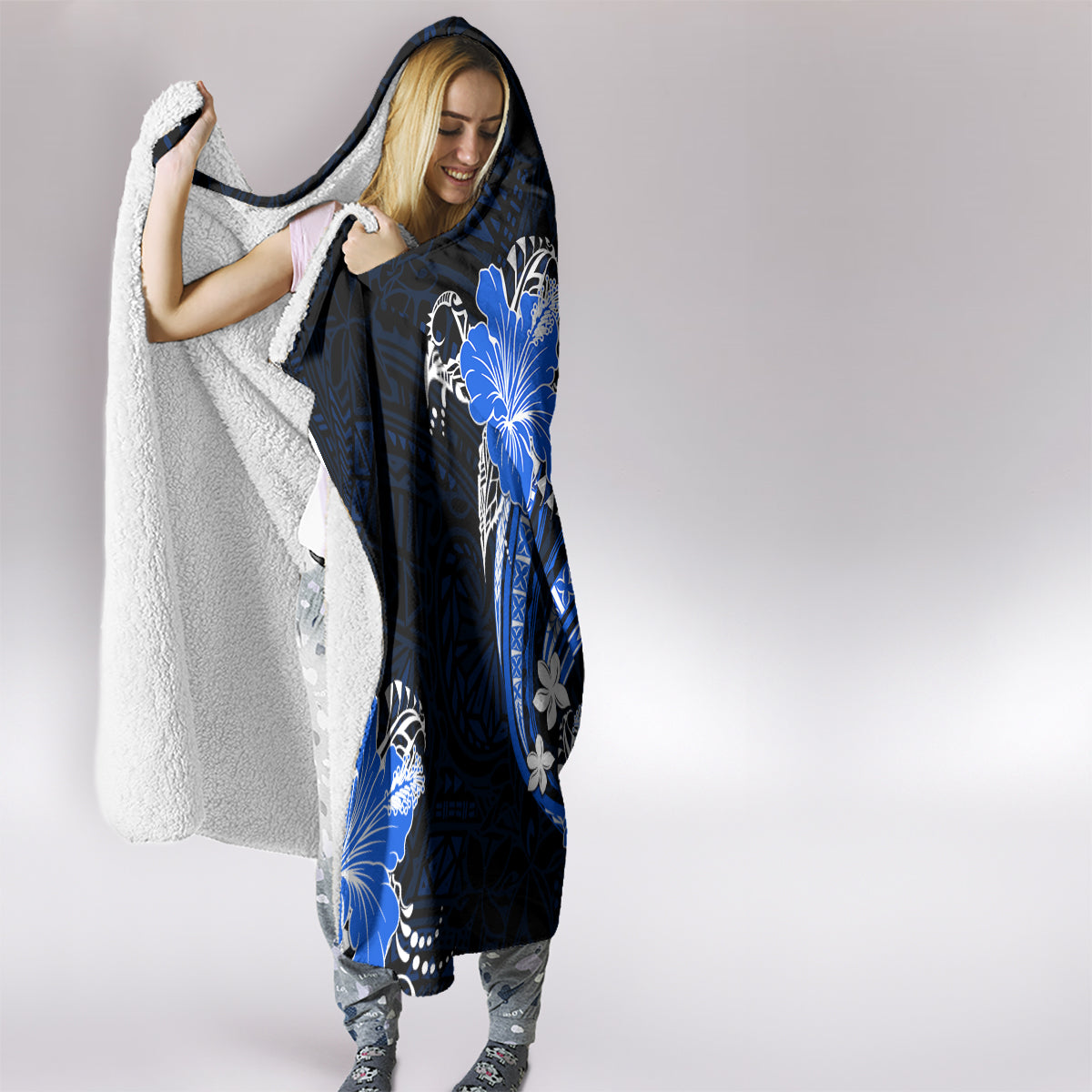 Blue Polynesian Pattern With Tropical Flowers Hooded Blanket LT05 - Polynesian Pride