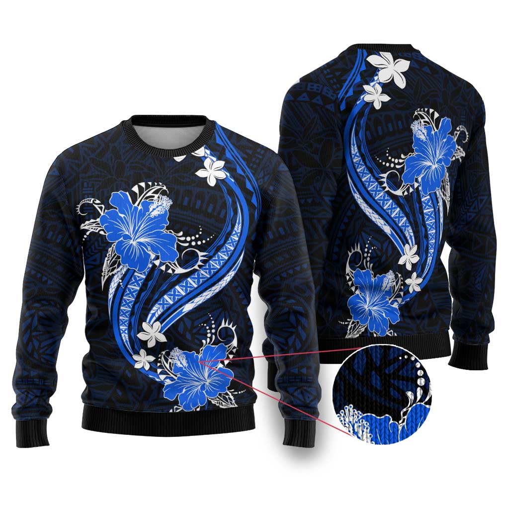 Blue Polynesian Pattern With Tropical Flowers Ugly Christmas Sweater LT05 Blue - Polynesian Pride