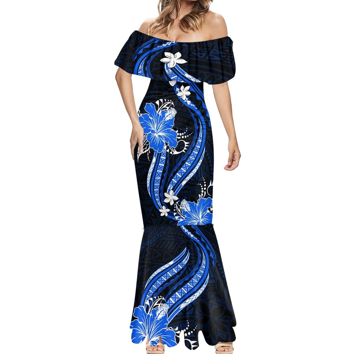 Blue Polynesian Pattern With Tropical Flowers Mermaid Dress LT05 - Polynesian Pride