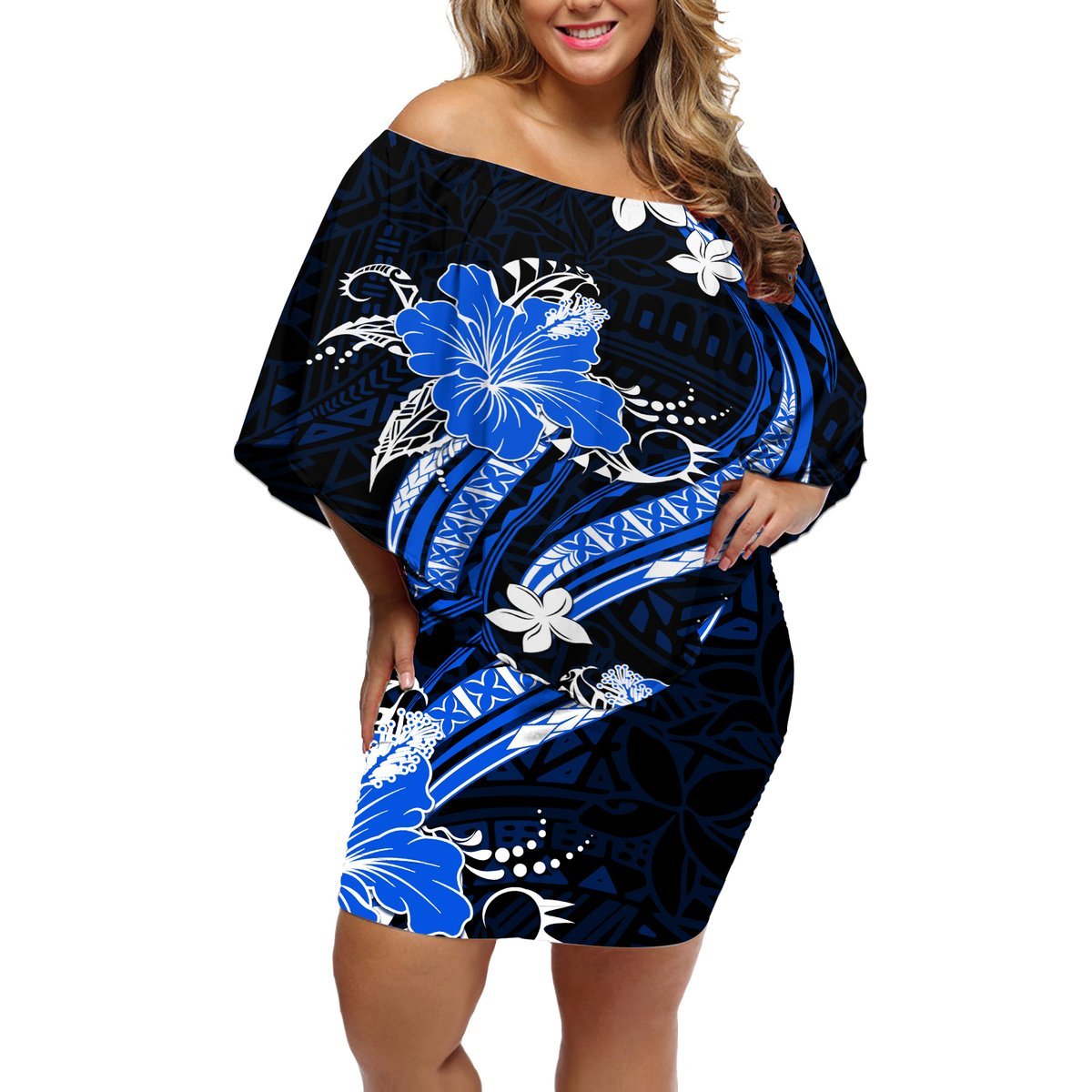 Blue Polynesian Pattern With Tropical Flowers Off Shoulder Short Dress LT05 Women Blue - Polynesian Pride