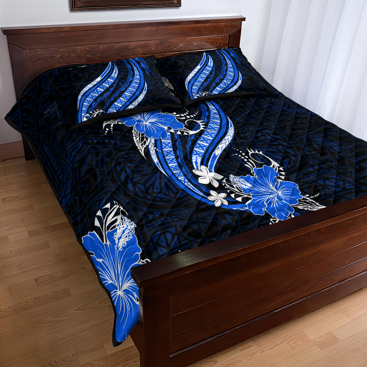 Blue Polynesian Pattern With Tropical Flowers Quilt Bed Set LT05 - Polynesian Pride