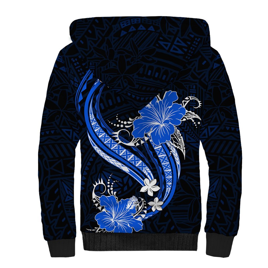 Blue Polynesian Pattern With Tropical Flowers Sherpa Hoodie LT05 - Polynesian Pride