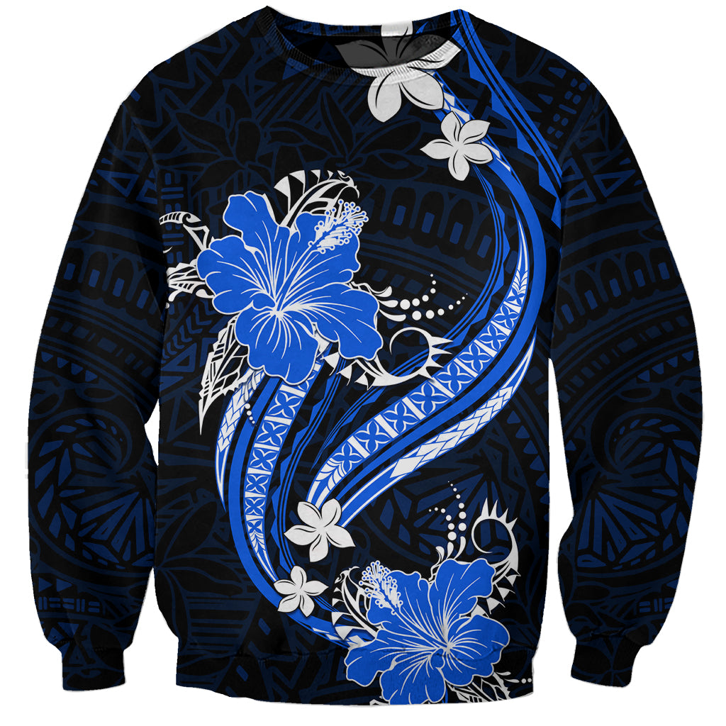 Blue Polynesian Pattern With Tropical Flowers Sweatshirt LT05 Unisex Blue - Polynesian Pride
