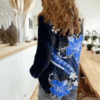 Blue Polynesian Pattern With Tropical Flowers Women Casual Shirt LT05 - Polynesian Pride