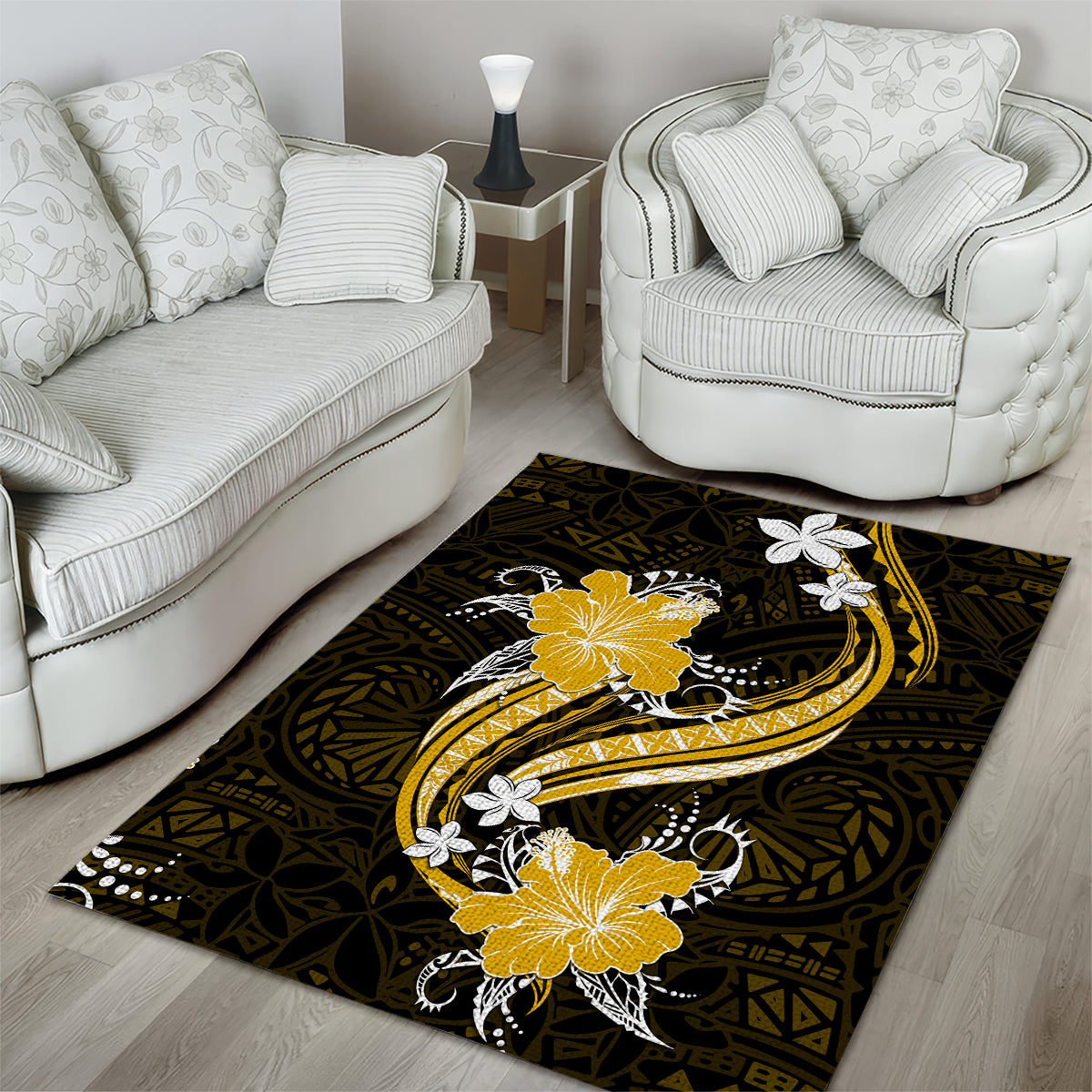 Gold Polynesian Pattern With Tropical Flowers Area Rug LT05 - Polynesian Pride