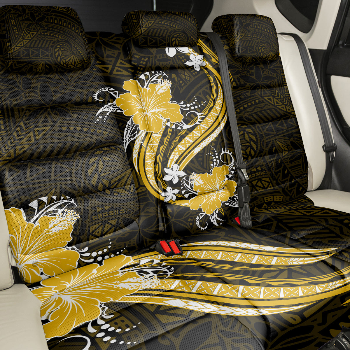 Gold Polynesian Pattern With Tropical Flowers Back Car Seat Cover LT05 - Polynesian Pride