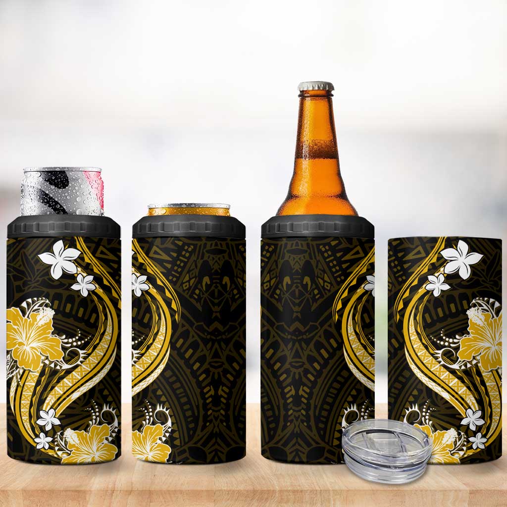 Gold Polynesian Pattern With Tropical Flowers 4 in 1 Can Cooler Tumbler LT05 - Polynesian Pride