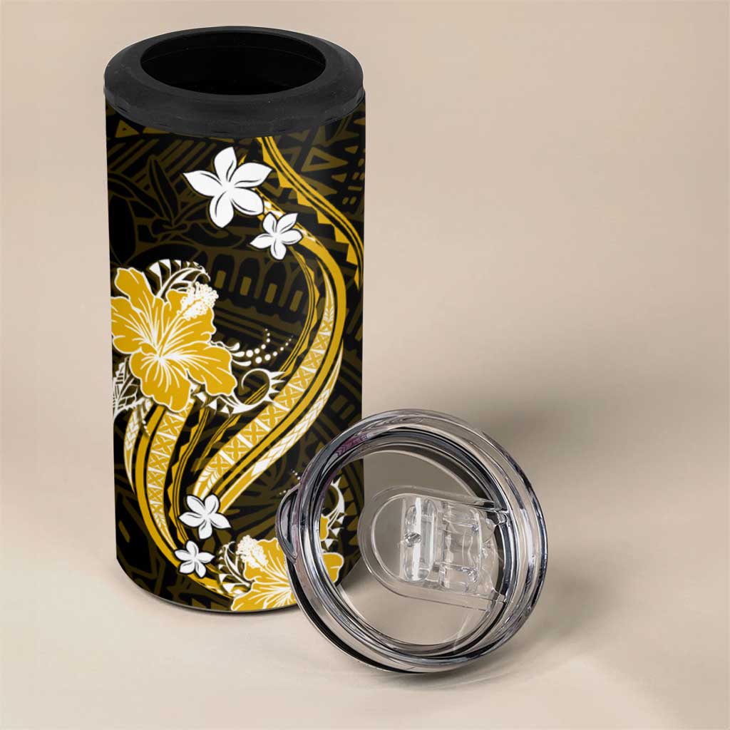 Gold Polynesian Pattern With Tropical Flowers 4 in 1 Can Cooler Tumbler LT05 - Polynesian Pride