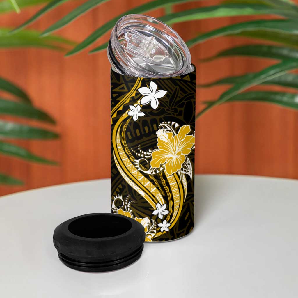 Gold Polynesian Pattern With Tropical Flowers 4 in 1 Can Cooler Tumbler LT05 - Polynesian Pride