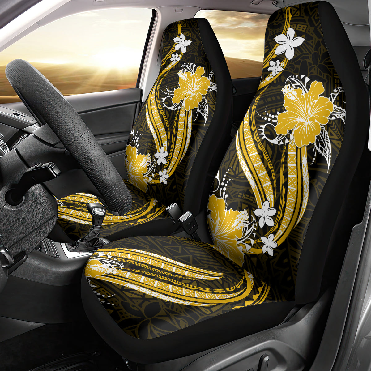 Gold Polynesian Pattern With Tropical Flowers Car Seat Cover LT05 - Polynesian Pride