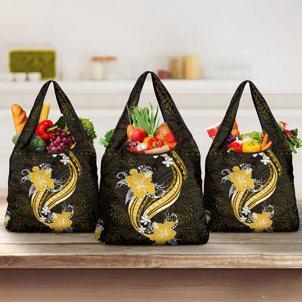 Gold Polynesian Pattern With Tropical Flowers Grocery Bag LT05 3-pack One Size Gold - Polynesian Pride