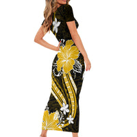 Gold Polynesian Pattern With Tropical Flowers Short Sleeve Bodycon Dress LT05 - Polynesian Pride