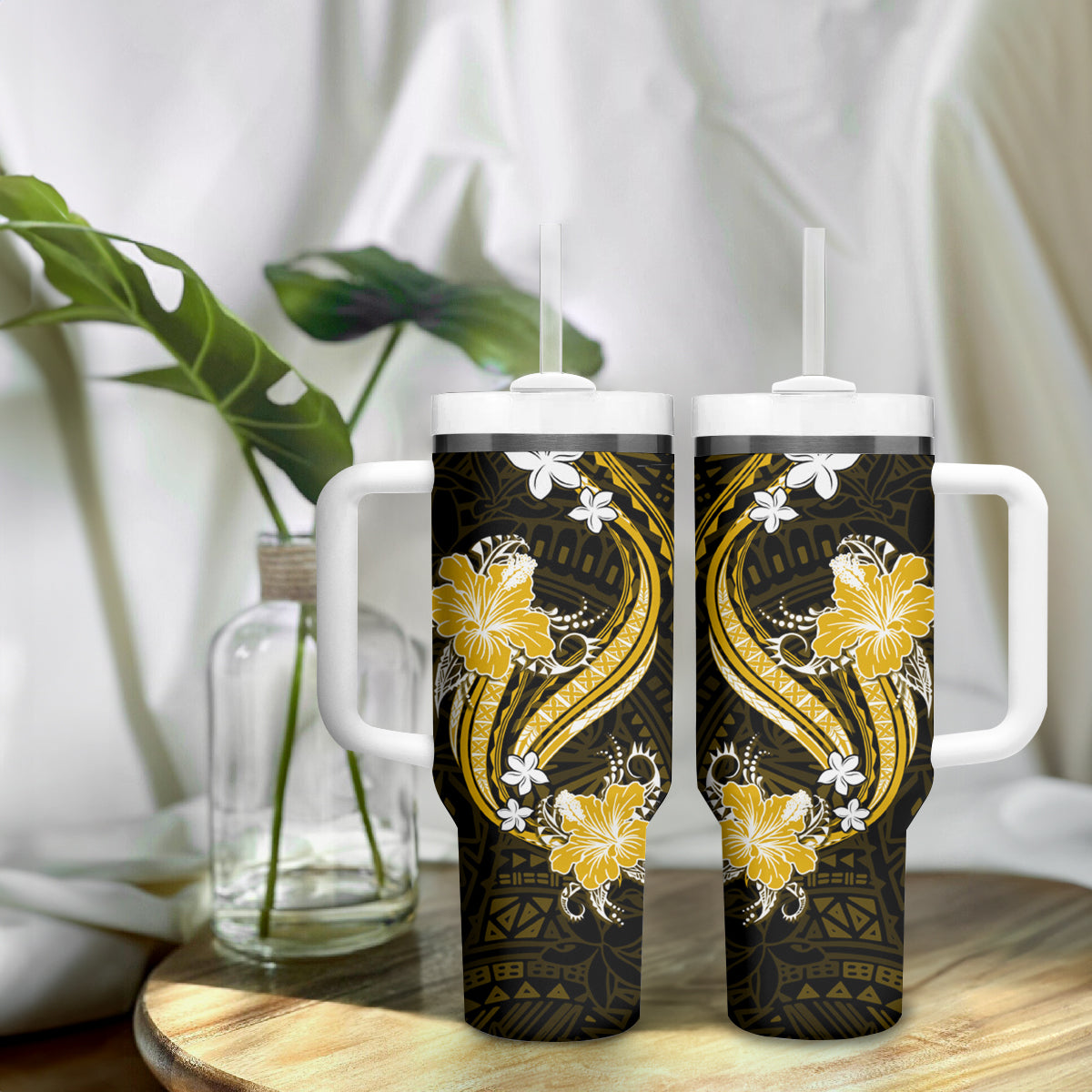 Gold Polynesian Pattern With Tropical Flowers Tumbler With Handle LT05 - Polynesian Pride