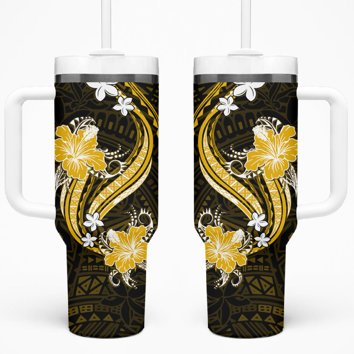 Gold Polynesian Pattern With Tropical Flowers Tumbler With Handle LT05 One Size: 40 oz Gold - Polynesian Pride