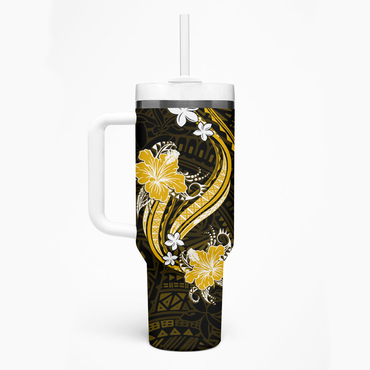 Gold Polynesian Pattern With Tropical Flowers Tumbler With Handle LT05 - Polynesian Pride